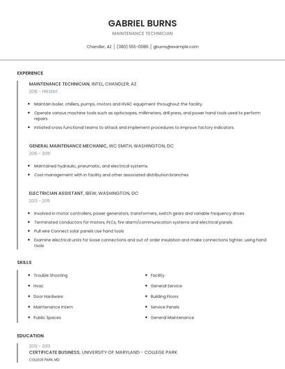 Maintenance Technician Resume
