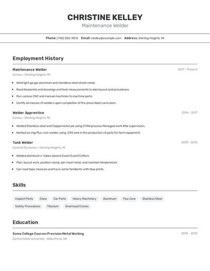 Maintenance Welder Resume