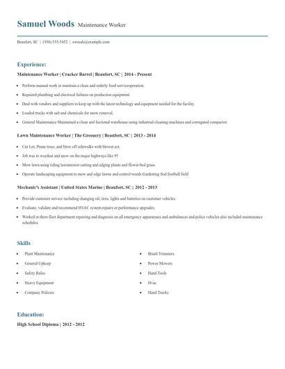 Maintenance Worker Resume