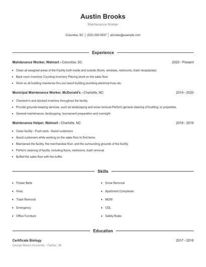 Maintenance Worker Resume
