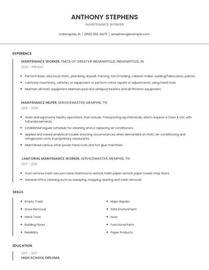 Maintenance Worker Resume