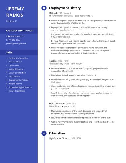 Maitre D Resume