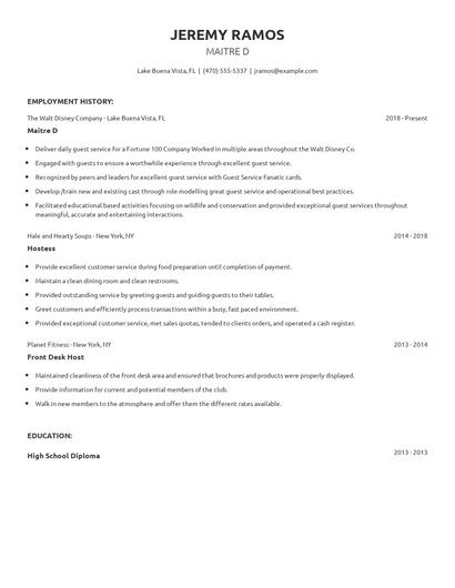 Maitre D Resume