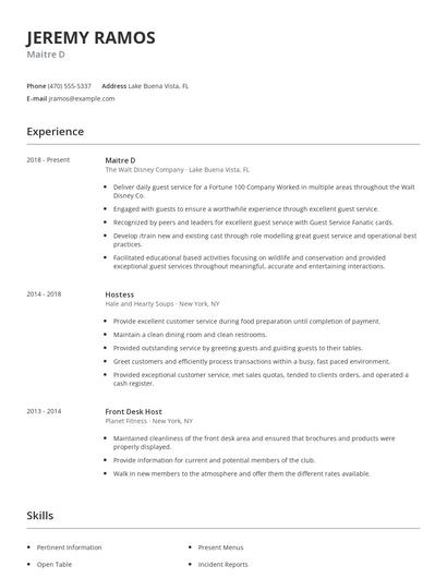 Maitre D Resume