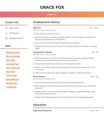 Maitre D Resume