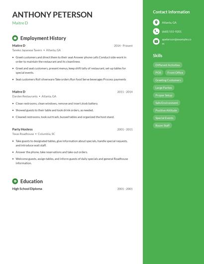 Maitre D Resume