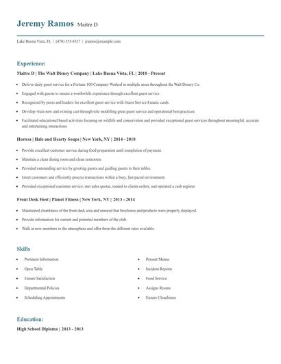 Maitre D Resume