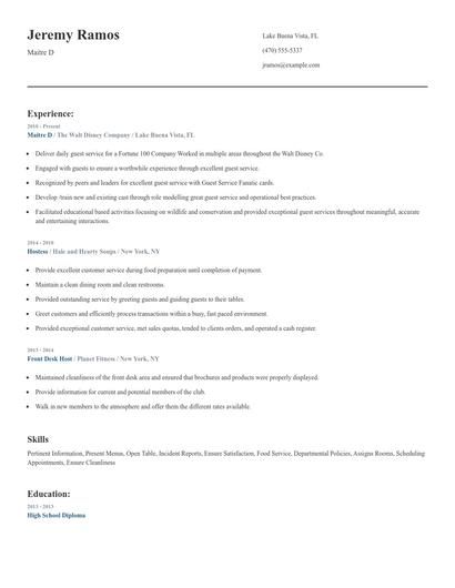 Maitre D Resume
