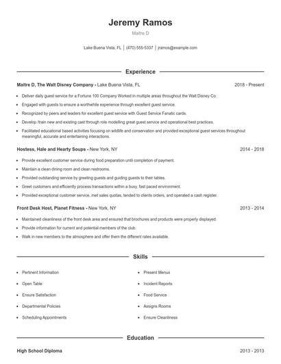 Maitre D Resume