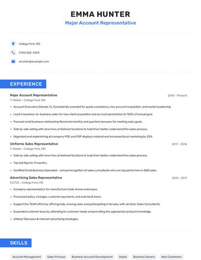 Major Account Representative Resume