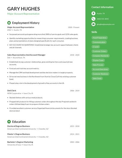 Major Account Representative Resume