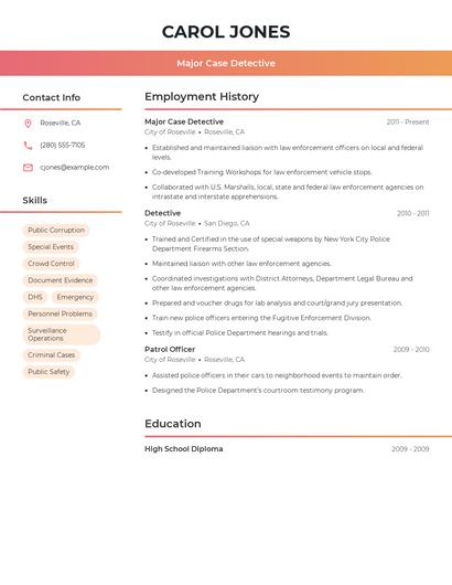 Major Case Detective Resume