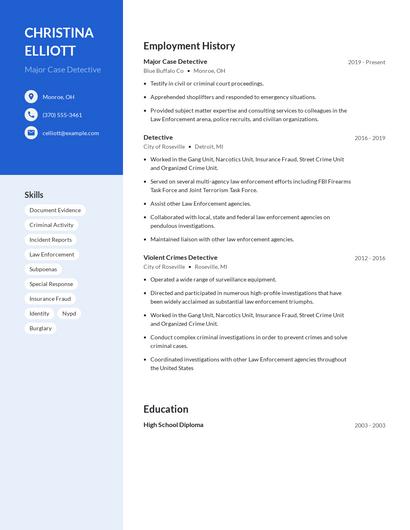 Major Case Detective Resume