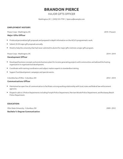 Major Gifts Officer Resume