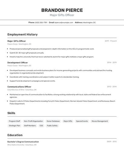 Major Gifts Officer Resume