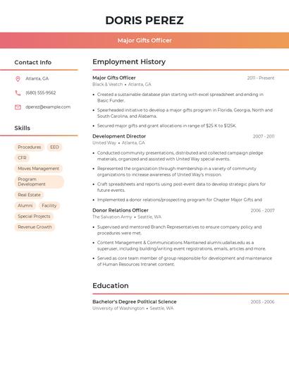 Major Gifts Officer Resume
