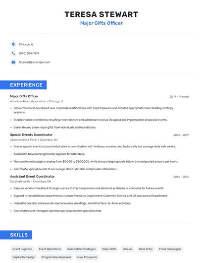 Major Gifts Officer Resume