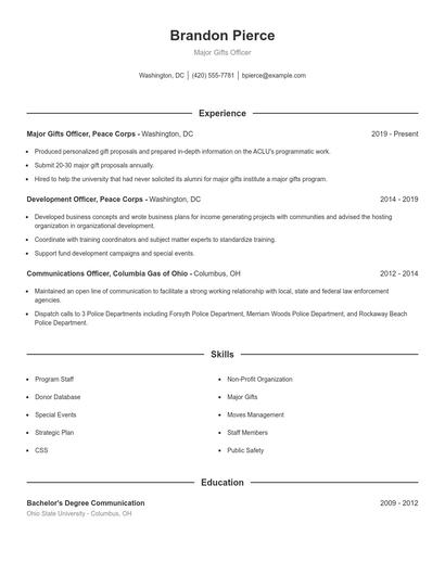 Major Gifts Officer Resume