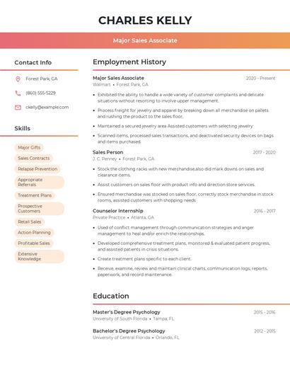 Major Sales Associate Resume