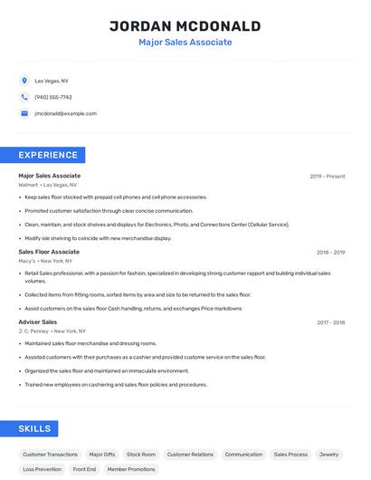Major Sales Associate Resume