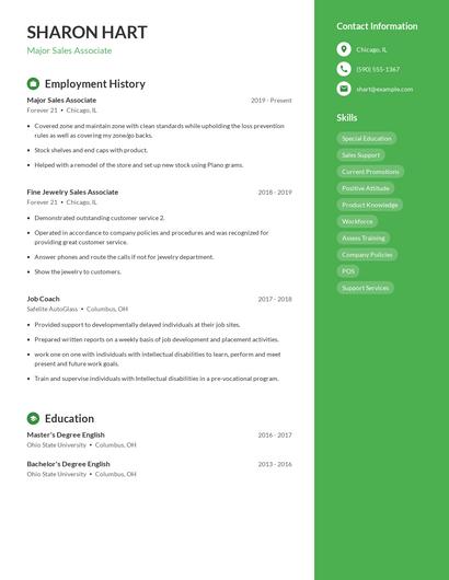 Major Sales Associate Resume