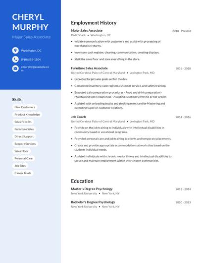Major Sales Associate Resume