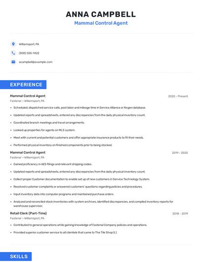 Mammal Control Agent Resume