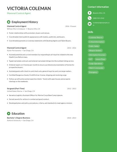 Mammal Control Agent Resume