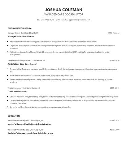 Managed Care Coordinator Resume