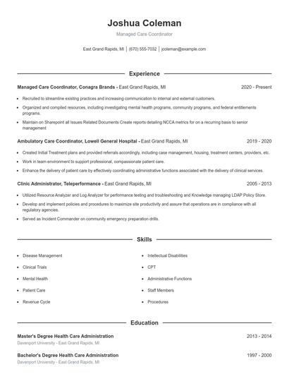 Managed Care Coordinator Resume
