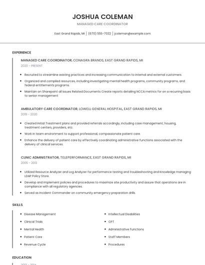 Managed Care Coordinator Resume