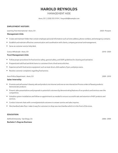 Management Aide Resume