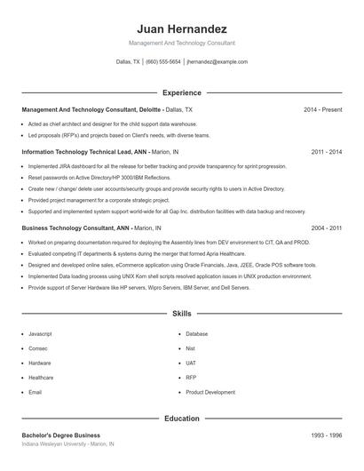 Management And Technology Consultant Resume