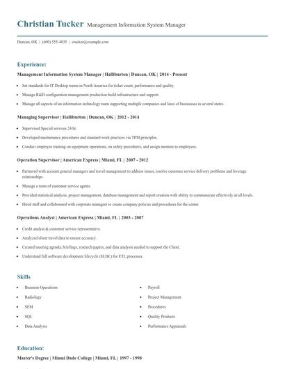 Management Information System Manager Resume