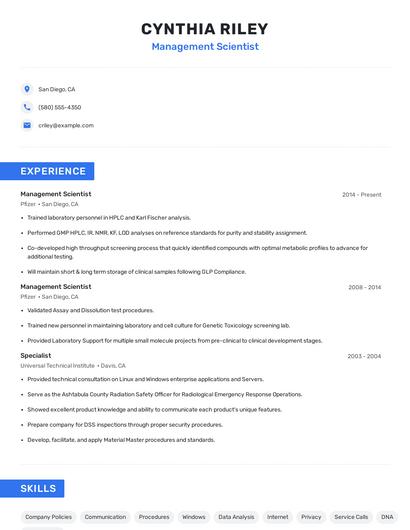 Management Scientist Resume