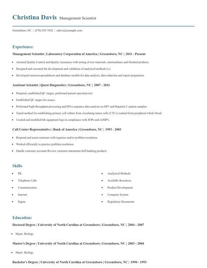 Management Scientist Resume