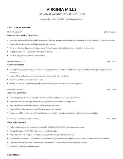 Manager, Accounting Operations Resume