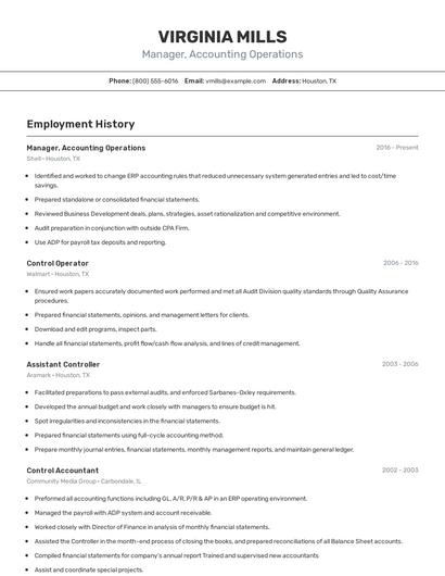 Manager, Accounting Operations Resume