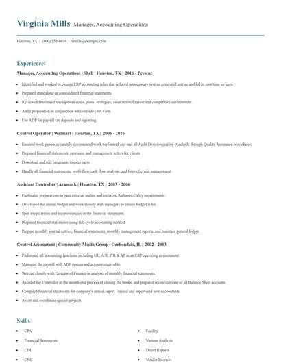 Manager, Accounting Operations Resume