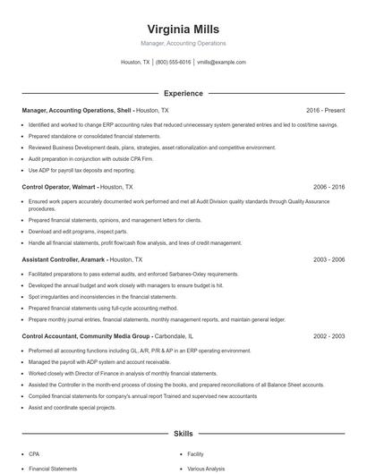 Manager, Accounting Operations Resume