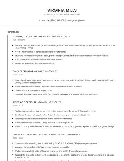 Manager, Accounting Operations Resume