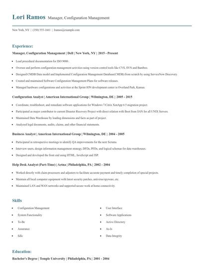 Manager, Configuration Management Resume