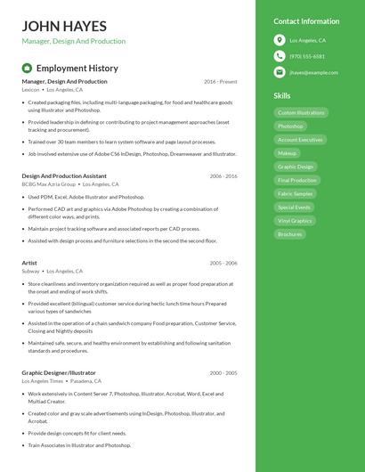 Manager, Design And Production Resume