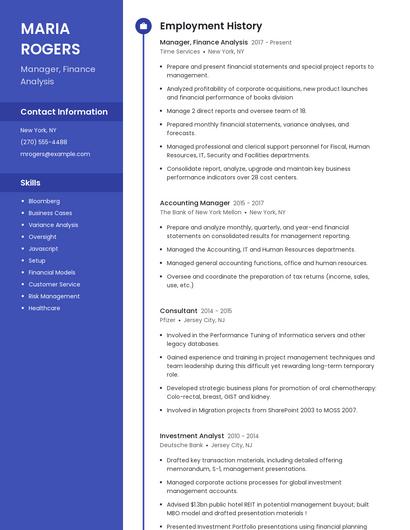 Manager, Finance Analysis Resume