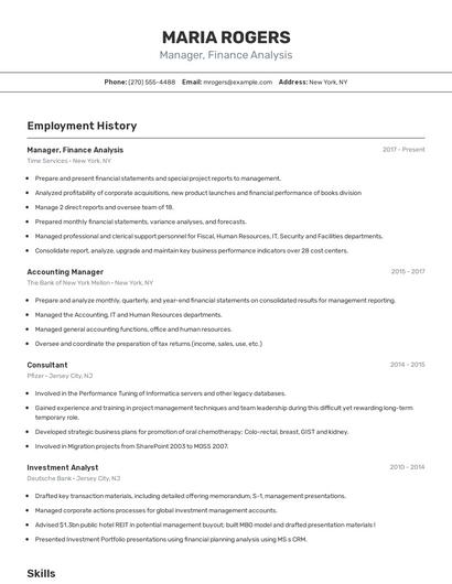 Manager, Finance Analysis Resume