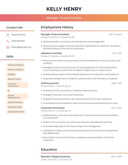 Manager, Finance Analysis Resume