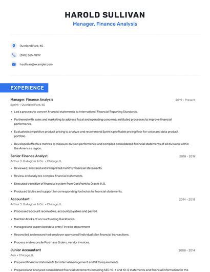 Manager, Finance Analysis Resume