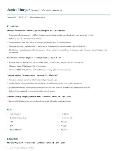 Manager, Information Assurance Resume