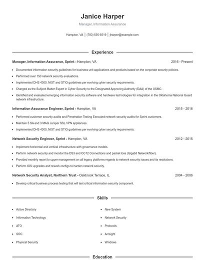 Manager, Information Assurance Resume