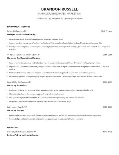 Manager, Integrated Marketing Resume